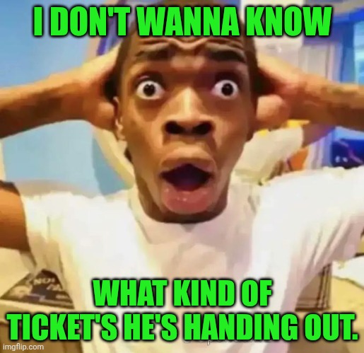 I DON'T WANNA KNOW WHAT KIND OF TICKET'S HE'S HANDING OUT. | image tagged in shocked black guy | made w/ Imgflip meme maker