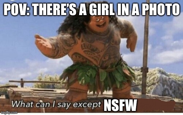 Seriously, every picture with a girl is NSFW. | POV: THERE’S A GIRL IN A PHOTO; NSFW | image tagged in moana maui what can i say except blank | made w/ Imgflip meme maker