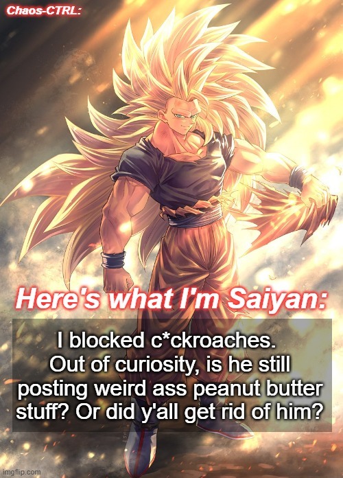 Chaos-CTRL Goku | I blocked c*ckroaches. 
Out of curiosity, is he still posting weird ass peanut butter stuff? Or did y'all get rid of him? | image tagged in chaos-ctrl goku | made w/ Imgflip meme maker