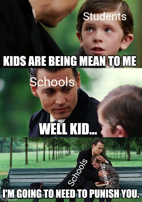 THEY ALWAYS PUNISH THE WRONG PEOPLE | Students; KIDS ARE BEING MEAN TO ME; Schools; WELL KID... Schools; Students; I'M GOING TO NEED TO PUNISH YOU. | image tagged in memes,finding neverland,school,middle school,high school,bullying | made w/ Imgflip meme maker