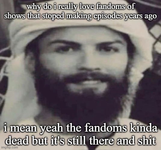Muslimano Ronaldo | why do i really love fandoms of shows that stoped making episodes years ago; i mean yeah the fandoms kinda dead but it's still there and shit | image tagged in muslimano ronaldo | made w/ Imgflip meme maker