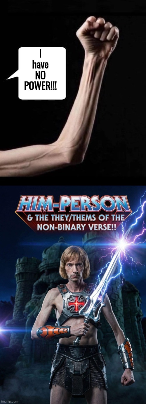 Non Binary Masters of the Universe | I have NO POWER!!! | image tagged in mr punyverse,he man skeleton advices | made w/ Imgflip meme maker
