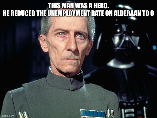 Zero unemployment | THIS MAN WAS A HERO.
HE REDUCED THE UNEMPLOYMENT RATE ON ALDERAAN TO 0 | image tagged in grand moff tarkin,alderaan,unemployment,heroin | made w/ Imgflip meme maker