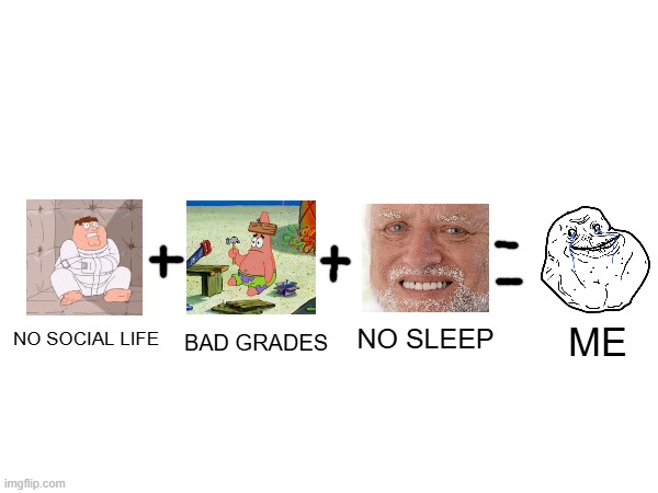 NO SOCIAL LIFE BAD GRADES NO SLEEP ME | made w/ Imgflip meme maker