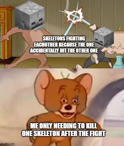 lucky me | SKELETONS FIGHTING EACHOTHER BECAUSE THE ONE ACCIDENTALLY HIT THE OTHER ONE; ME ONLY NEEDING TO KILL ONE SKELETON AFTER THE FIGHT | image tagged in tom and jerry swordfight,minecraft memes,skeleton | made w/ Imgflip meme maker