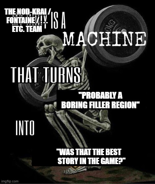 My body is machine | THE NOD-KRAI /
FONTAINE / . . . 
ETC. TEAM; "PROBABLY A BORING FILLER REGION"; "WAS THAT THE BEST  
  STORY IN THE GAME?" | image tagged in my body is machine | made w/ Imgflip meme maker