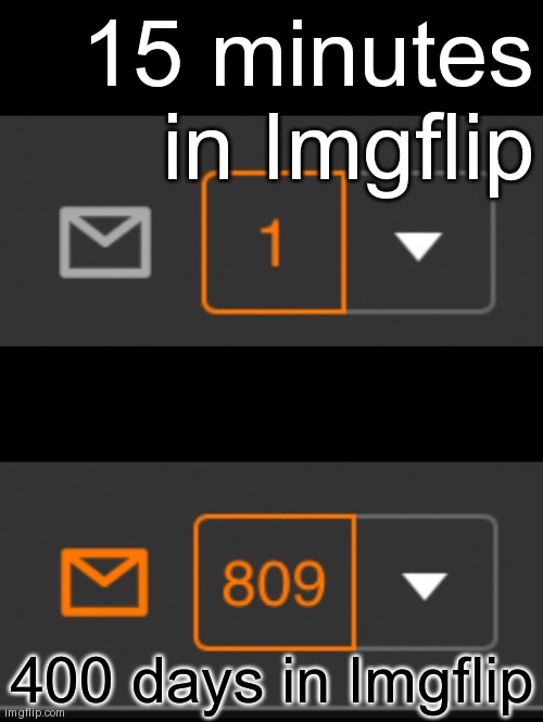 1 notification vs. 809 notifications with message | 15 minutes in Imgflip; 400 days in Imgflip | image tagged in 1 notification vs 809 notifications with message | made w/ Imgflip meme maker