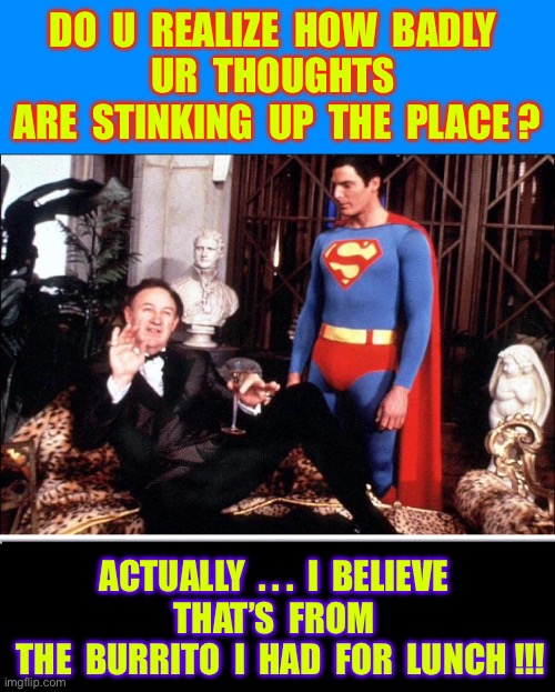 Burrito For Lunch !!!  : ) | DO  U  REALIZE  HOW  BADLY
UR  THOUGHTS
 ARE  STINKING  UP  THE  PLACE ? ACTUALLY  . . .  I  BELIEVE 
THAT’S  FROM 
 THE  BURRITO  I  HAD  FOR  LUNCH !!! | image tagged in lex luthor,burrito,gas | made w/ Imgflip meme maker