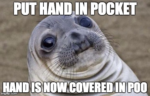 Awkward Moment Sealion Meme | PUT HAND IN POCKET HAND IS NOW COVERED IN POO | image tagged in memes,awkward moment sealion,shittyadviceanimals | made w/ Imgflip meme maker