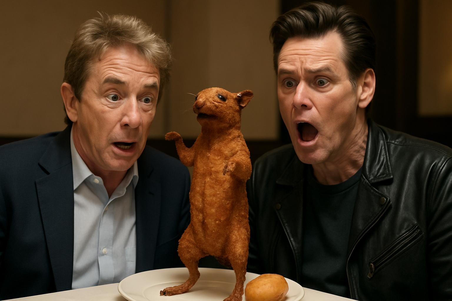 Jim Carrey and Martin Short with a fried rat Blank Meme Template
