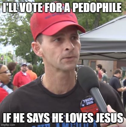 Well, you did. | I'LL VOTE FOR A PEDOPHILE; IF HE SAYS HE LOVES JESUS | image tagged in trump supporter,maga,pedos,scum | made w/ Imgflip meme maker