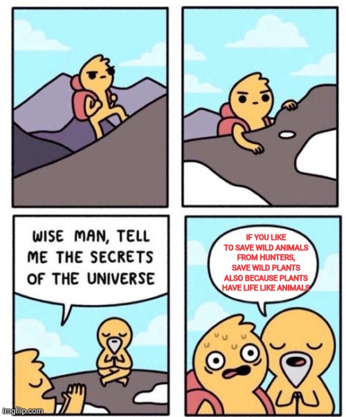 Plants have lives go eat rabbit | IF YOU LIKE TO SAVE WILD ANIMALS FROM HUNTERS, SAVE WILD PLANTS ALSO BECAUSE PLANTS HAVE LIFE LIKE ANIMALS | image tagged in wise man secrets | made w/ Imgflip meme maker