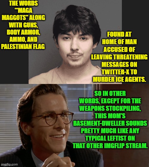 So, in other words, no surprises. | THE WORDS “‘MAGA MAGGOTS" ALONG WITH GUNS, BODY ARMOR, AMMO, AND PALESTINIAN FLAG; FOUND AT HOME OF MAN ACCUSED OF LEAVING THREATENING MESSAGES ON TWITTER-X TO MURDER ICE AGENTS. SO IN OTHER WORDS, EXCEPT FOR THE WEAPONS STOCKPILING, THIS MOM'S BASEMENT-DWELLER SOUNDS PRETTY MUCH LIKE ANY TYPICAL LEFTIST ON THAT OTHER IMGFLIP STREAM. | image tagged in yep | made w/ Imgflip meme maker