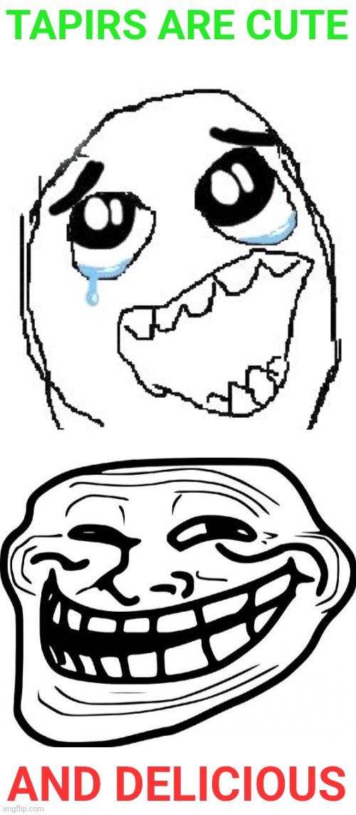 TAPIRS ARE CUTE AND DELICIOUS | image tagged in memes,happy guy rage face,troll face | made w/ Imgflip meme maker