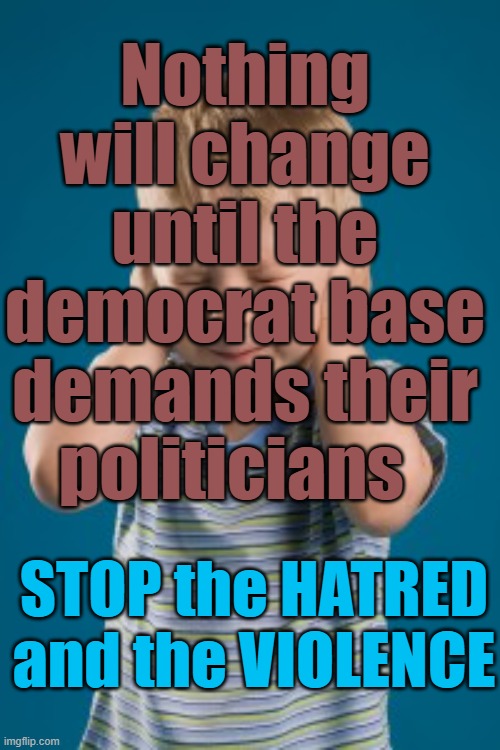 Nothing will change until the democrat base demand their politicians stop the hatred and violence | Nothing will change until the democrat base demands their politicians; STOP the HATRED and the VIOLENCE | image tagged in democrats hands ears can't hear not listening denial establishme,violence | made w/ Imgflip meme maker
