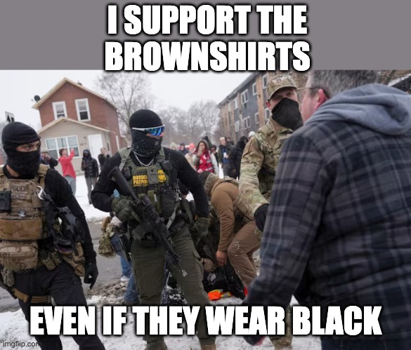 Ice officers with protestors | I SUPPORT THE
BROWNSHIRTS; EVEN IF THEY WEAR BLACK | image tagged in ice officers with protestors | made w/ Imgflip meme maker