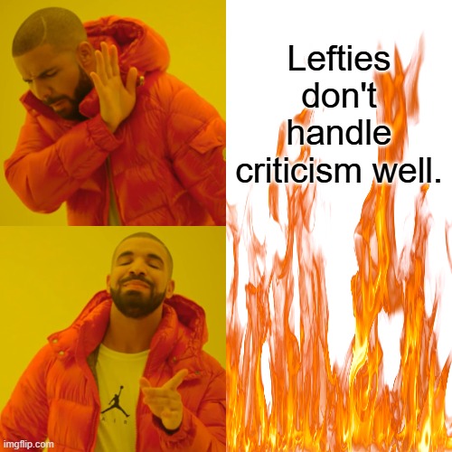 They lash out like a child does, but they riot loot & burn | Lefties don't handle criticism well. | image tagged in memes,drake hotline bling | made w/ Imgflip meme maker