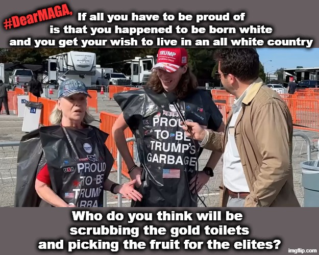 But who would you look down on then? | If all you have to be proud of
is that you happened to be born white
and you get your wish to live in an all white country; #DearMAGA, Who do you think will be 
scrubbing the gold toilets
and picking the fruit for the elites? | image tagged in maga,white trash,trailer trash,think about it,elite,cult | made w/ Imgflip meme maker