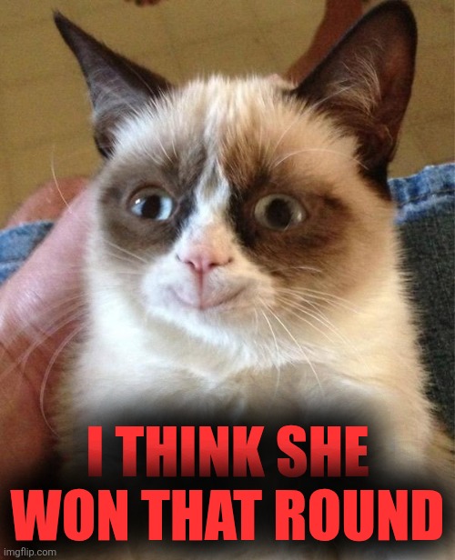 Grumpy Cat Happy Meme | I THINK SHE WON THAT ROUND | image tagged in memes,grumpy cat happy,grumpy cat | made w/ Imgflip meme maker