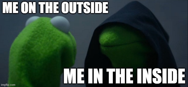 Brain vs Body | ME ON THE OUTSIDE; ME IN THE INSIDE | image tagged in memes,evil kermit | made w/ Imgflip meme maker