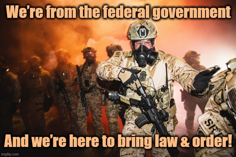 Homeland Security Agents | We’re from the federal government; And we’re here to bring law & order! | image tagged in law and order,police brutality,police state,maga,fascists,donald trump approves | made w/ Imgflip meme maker