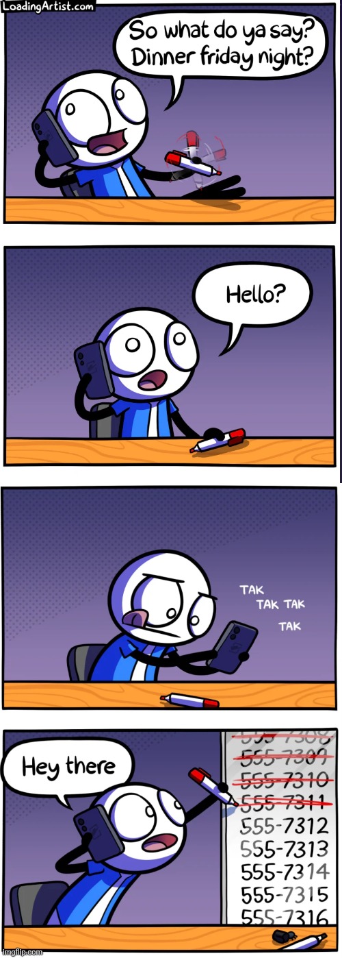 image tagged in comics,loadingartist,dinner,phone call,phone number,trial and error | made w/ Imgflip meme maker