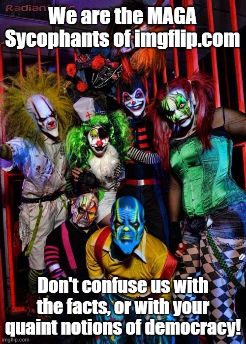We are the MAGA Sycophants of imgflip.com Don't confuse us with the facts, or with your quaint notions of democracy! | made w/ Imgflip meme maker