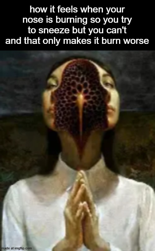 how it feels when your nose is burning so you try to sneeze but you can't and that only makes it burn worse | made w/ Imgflip meme maker