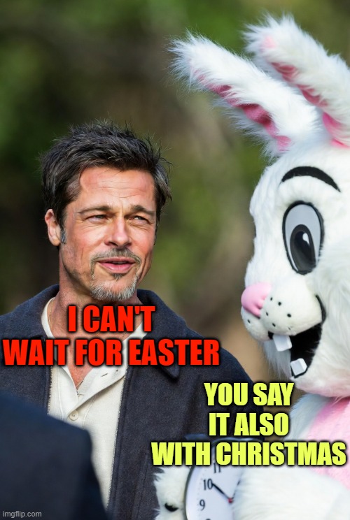 Brad Pitt and Easter Bunny | I CAN'T WAIT FOR EASTER; YOU SAY IT ALSO WITH CHRISTMAS | image tagged in brad pitt and easter bunny | made w/ Imgflip meme maker