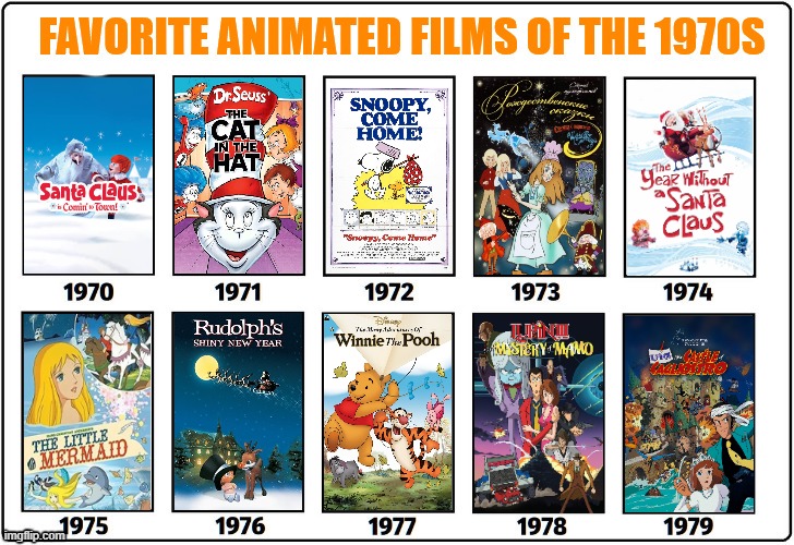 favorite animated films of the 1970s | image tagged in favorite animated films of the 1970s,1970s,cinema,classics,rankin bass,lupin the third | made w/ Imgflip meme maker