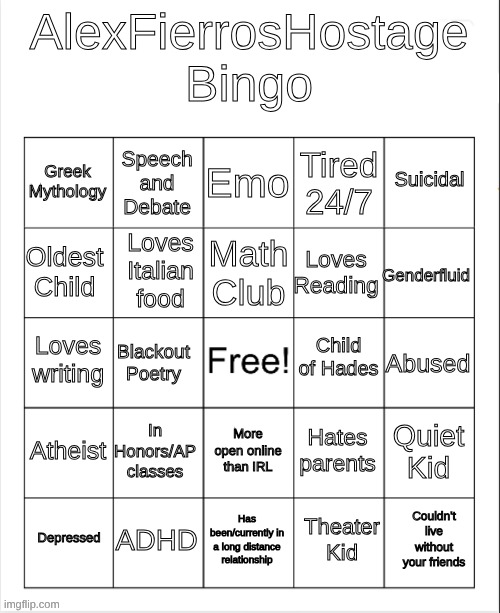 I was bored so I made a Bingo | image tagged in alexfierroshostagebingo | made w/ Imgflip meme maker