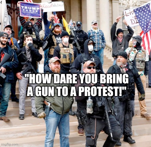 Which is it? | "HOW DARE YOU BRING A GUN TO A PROTEST!" | image tagged in january 6th insurrection traitors,hypocrisy,second amendment,2nd amendment | made w/ Imgflip meme maker