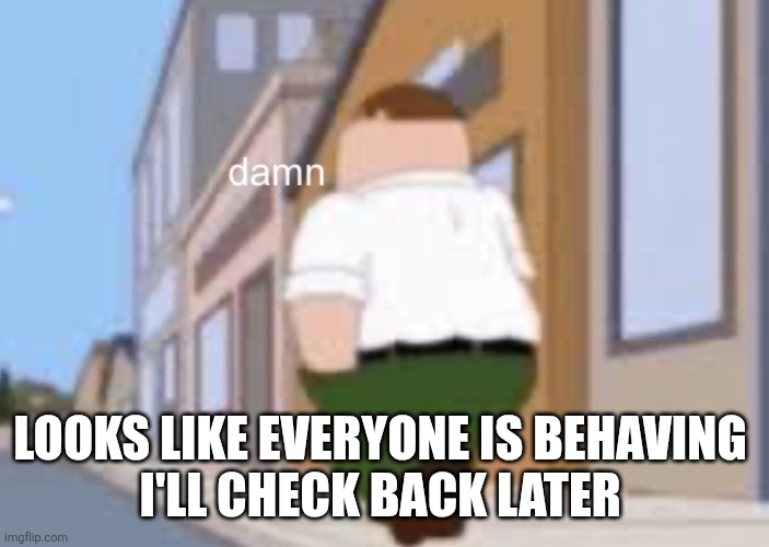 Good job everyone | LOOKS LIKE EVERYONE IS BEHAVING 
I'LL CHECK BACK LATER | image tagged in damn | made w/ Imgflip meme maker