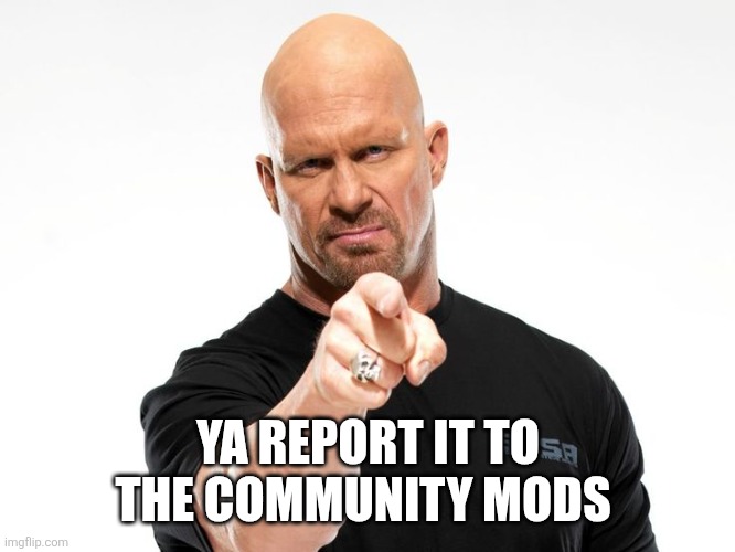 Bald tough guy pointing at you | YA REPORT IT TO THE COMMUNITY MODS | image tagged in bald tough guy pointing at you | made w/ Imgflip meme maker