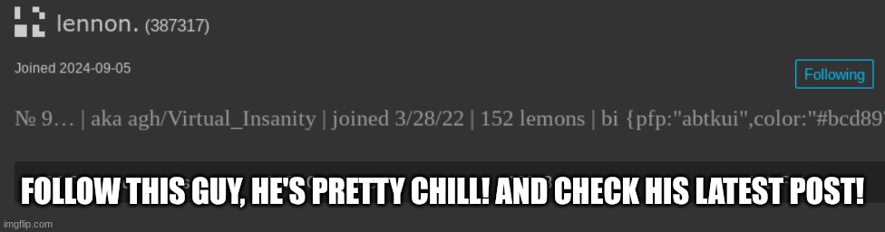 FOLLOW THIS GUY, HE'S PRETTY CHILL! AND CHECK HIS LATEST POST! | image tagged in follow | made w/ Imgflip meme maker
