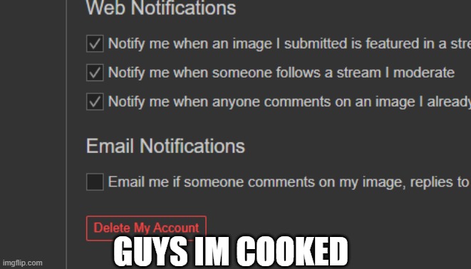 notify me when anyone commets on an image I already commeted on | GUYS IM COOKED | image tagged in notify me when anyone commets on an image i already commeted on | made w/ Imgflip meme maker