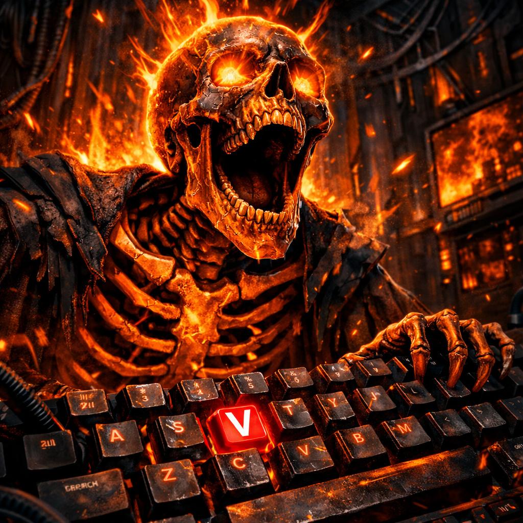 High Quality cool screaming orange skeleton and keyboard with the letter v hi Blank Meme Template