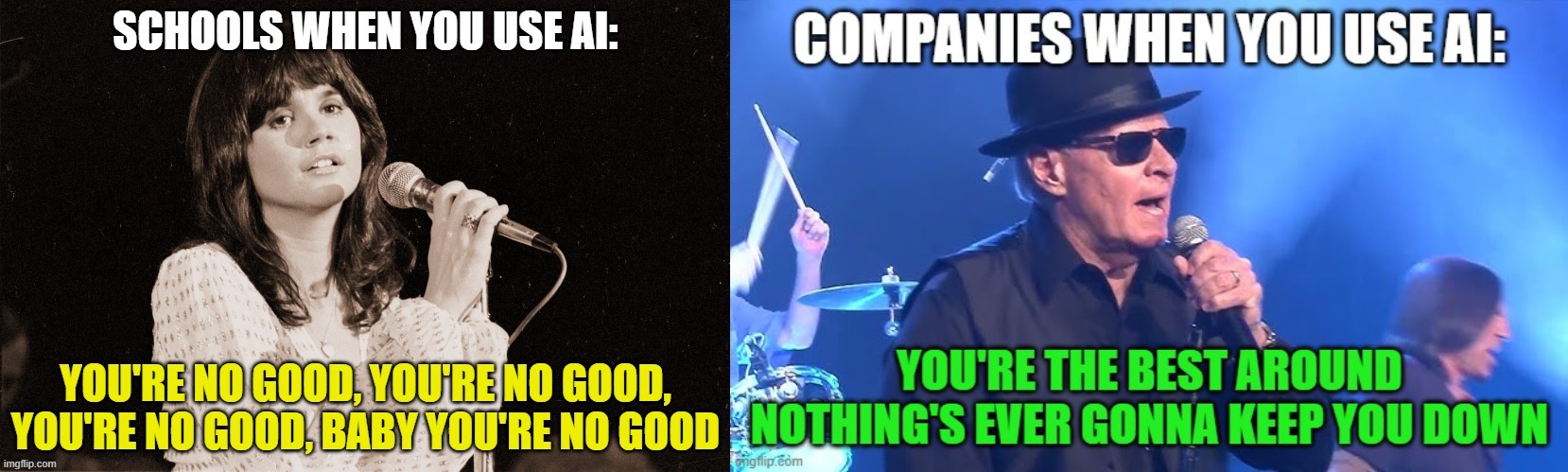Schools and companies on AI | image tagged in schools,companies,joe esposito,linda ronstadt,singers | made w/ Imgflip meme maker