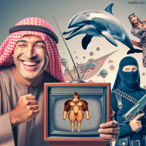 I was forced at gunpoint to make this | image tagged in a happy man eating a tv while a hitman is sleeping a dolphin | made w/ Imgflip meme maker