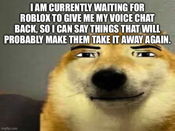 I assure that it's not as bad as you think it is. | I AM CURRENTLY WAITING FOR ROBLOX TO GIVE ME MY VOICE CHAT BACK, SO I CAN SAY THINGS THAT WILL PROBABLY MAKE THEM TAKE IT AWAY AGAIN. | made w/ Imgflip meme maker