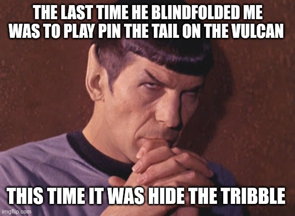 Perplexed Spock | THE LAST TIME HE BLINDFOLDED ME WAS TO PLAY PIN THE TAIL ON THE VULCAN THIS TIME IT WAS HIDE THE TRIBBLE | image tagged in perplexed spock | made w/ Imgflip meme maker
