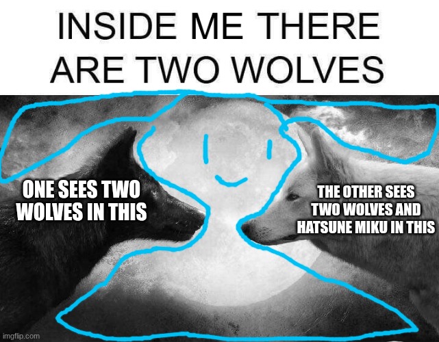 Inside me there are two wolves | THE OTHER SEES TWO WOLVES AND HATSUNE MIKU IN THIS; ONE SEES TWO WOLVES IN THIS | image tagged in inside me there are two wolves,hatsune miku | made w/ Imgflip meme maker