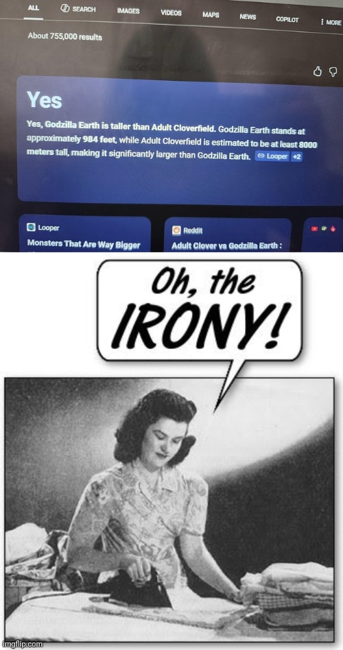 Godzilla Earth vs Adult Cloverfield | image tagged in the irony,godzilla,height,you had one job,memes,ironic | made w/ Imgflip meme maker