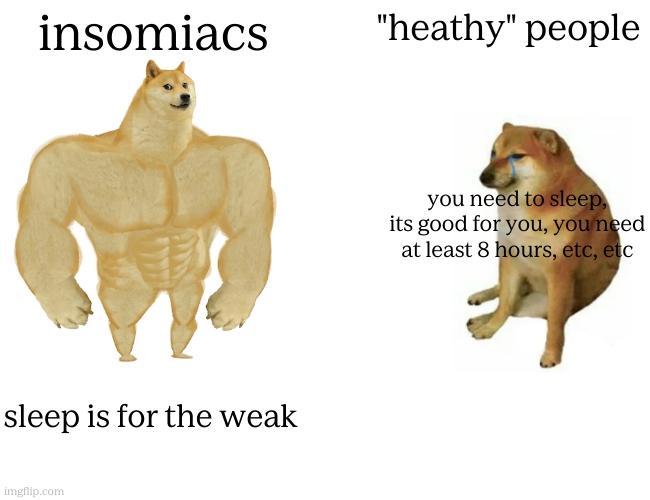 SLEEP IS FOR THE WEAK | insomiacs; "heathy" people; you need to sleep, its good for you, you need at least 8 hours, etc, etc; sleep is for the weak | image tagged in memes,buff doge vs cheems,sleep,funny,meme,funny memes | made w/ Imgflip meme maker