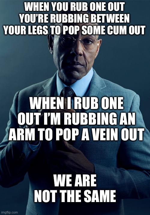 Popping a Vein | WHEN YOU RUB ONE OUT YOU’RE RUBBING BETWEEN YOUR LEGS TO POP SOME CUM OUT; WHEN I RUB ONE OUT I’M RUBBING AN ARM TO POP A VEIN OUT; WE ARE NOT THE SAME | image tagged in gus fring we are not the same,neck vein guy,cum,rubbing hands,legit | made w/ Imgflip meme maker