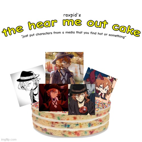 guess dusk's favorite character........ | image tagged in the hear me out cake,chuu,chuuya | made w/ Imgflip meme maker