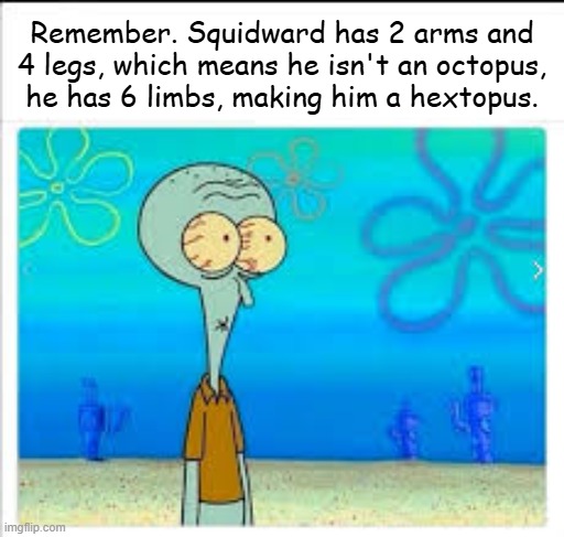 Squidward Deep Thoughts | Remember. Squidward has 2 arms and 4 legs, which means he isn't an octopus, he has 6 limbs, making him a hextopus. | image tagged in shower thoughts,deep thoughts,spongebob,squidward,octopus,thoughts | made w/ Imgflip meme maker