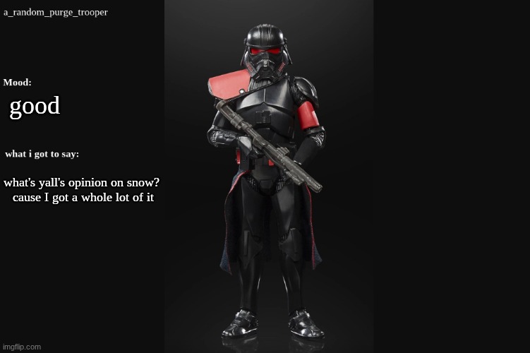 a lot a lot | good; what's yall's opinion on snow? 
cause I got a whole lot of it | image tagged in a_random_purge_trooper temp | made w/ Imgflip meme maker