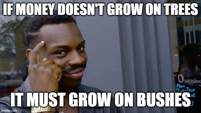 Where Money Grows | IF MONEY DOESN'T GROW ON TREES; IT MUST GROW ON BUSHES | image tagged in memes,roll safe think about it | made w/ Imgflip meme maker