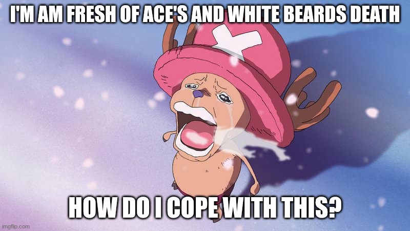 this part made me cry | I'M AM FRESH OF ACE'S AND WHITE BEARDS DEATH; HOW DO I COPE WITH THIS? | image tagged in crying chopper one piece | made w/ Imgflip meme maker